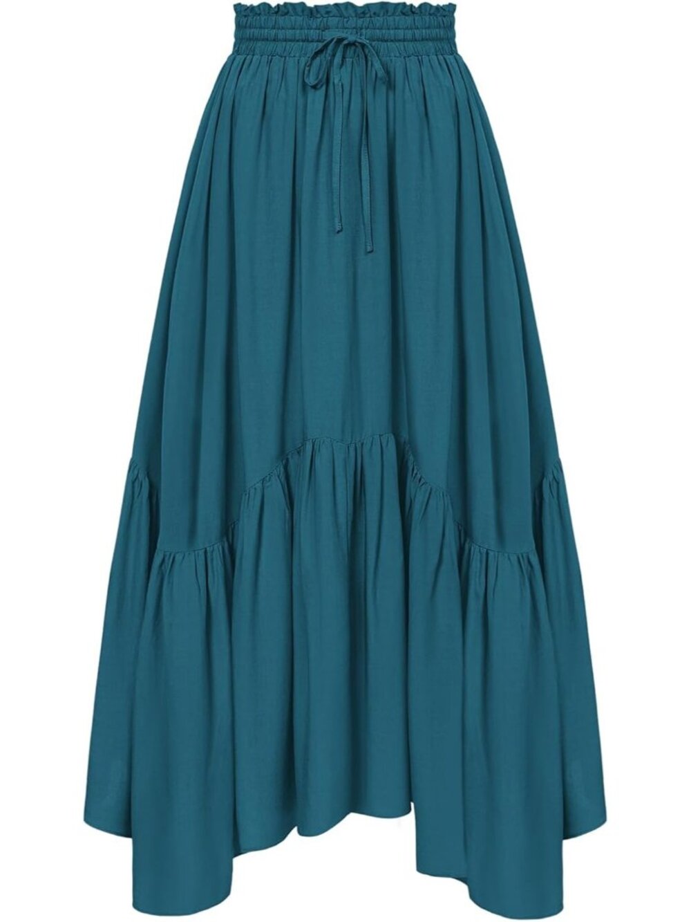 Women Blue Green Drawstring Renaissance Boho Flowy Asymmetric Tiered Maxi Skirt